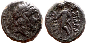 Antiochos III The Great (Seleukid King: 223-187 BC). AE bronze. Obv: Laureate head of Antiochus III right, as Apollo Rev: Apollo standing left, testin...