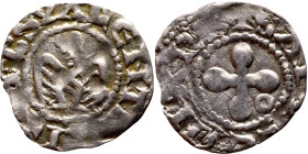 Italy: Valence, Late XIII century. Denari. Obverse: Anthropomorphic bird and inscription in rim: VRBS VALENTIAI Reverse: Cross with rounded arms and i...