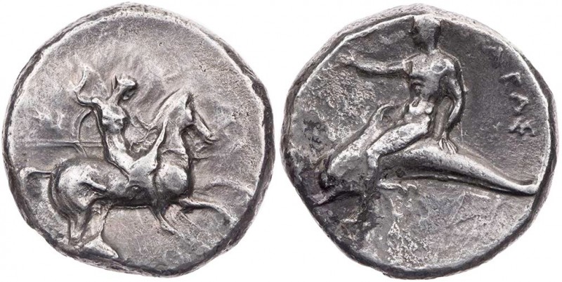 KALABRIEN TARENT
 AR-Didrachme/Nomos 302-281 v. Chr. Vs.: nackter Ephebe reitet...