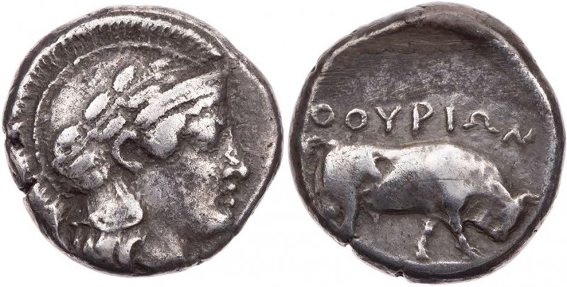 LUKANIEN THOURIOI
 AR-Didrachme/Nomos 440-420 v. Chr. Vs.: Kopf der Athena mit ...