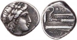 BITHYNIEN KIOS
 AR-Hemidrachme 345-330 v. Chr., unter Athenodoros Vs.: Kopf des Apollon mit Lorbeerkranz n. r., Rs.: Galeerenbug n. l., links Ähre BM...