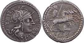 RÖMISCHE REPUBLIK
Q. Fabius Labeo, 124 v. Chr. AR-Denar Rom Vs.: ROMA - LABEO, Kopf der Roma mit geflügeltem Helm n. r., unter dem Kinn X, Rs.: Iupit...