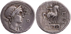 RÖMISCHE REPUBLIK
Mn. Aemilius Lepidus, 114/113 v. Chr. AR-Denar Rom Vs.: ROMA (MA ligiert), Kopf der Roma mit Diadem und Lorbeerkranz n. r., [dahint...