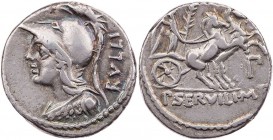 RÖMISCHE REPUBLIK
P. Servilius M.f. Rullus, 100 v. Chr. AR-Denar Rom Vs.: Büste der Minerva mit Helm und Aegis n. l., dahinter RVLLI, Rs.: Victoria i...