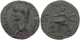 RÖMISCHE KAISERZEIT
Caligula, 37-41 n. Chr. AE-As 37/38 n. Chr. Rom Vs.: C CAESAR AVG GERMANICVS PON M TR POT, Kopf n. l., Rs.: VESTA / S-C, Vesta th...