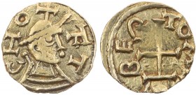MEROWINGER
Choae (Huy), Monetar Bertoaldus, 630-640. AV-Tremissis Vs.: CHO FT, drapierte, stilisierte Kaiserbüste mit Diadem n. r., Rs.: BER-TOAL, Fu...