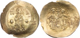BYZANZ
Manuel I. Komnenos, 1143-1180. EL-Aspron Trachy Konstantinopolis Vs.: IC - XC, Christos Pantokrator mit Nimbus und Messbuch steht zwischen zwe...