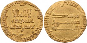 ABASSIDEN, KALIFEN IN BAGDAD
Al-Mansur, 754-775 (136-158 AH). AV-Dinar 772/773 (156 AH) Bagdad Vs.: 3 Zeilen Koran-Sure in Umschrift, Rs.: 3 Zeilen K...