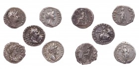 Lot, römische Münzen Denare der Römischen Kaiserzeit: Traianus, Hadrianus, Antoninus Pius, Faustina maior, Crispina. 5 Stück s-ss, ss
