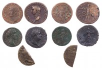 Lot, römische Münzen 4 Asses und 1 Dupondius der Römischen Kaiserzeit: Agrippa, Claudius, Nero (halbiert), Hadrianus, Antoninus Pius. 5 Stück s, s-ss...
