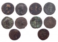 Lot, römische Münzen Asses der Römischen Kaiserzeit: Agrippa, Claudius, Hadrianus (2), Aelius Caesar. 5 Stück s, s-ss
