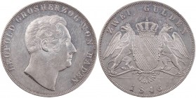 BADEN BADEN-DURLACH, MARKGRAFSCHAFT, SEIT 1803 KURFÜRSTENTUM, SEIT 1806 GROSSHERZOGTUM
Karl Leopold Friedrich, 1830-1852. Doppelgulden 1846 AKS 91; J...