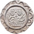 DONAUWÖRTH REICHSMÜNZSTÄTTE
Heinrich VI., 1190-1197. Brakteat Bekrönte Brustbilder des Königs und seiner Gemahlin Konstanze von Sizilien über Mauerbr...