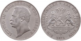 HESSEN HESSEN-DARMSTADT, LANDGRAFSCHAFT, SEIT 1806 GROSSHERZOGTUM
Ludwig III., 1848-1877. Vereinstaler 1871 AKS 120; J. 59; Thun 200. Vs. kl. Kratzer...