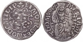 LIPPE GRAFSCHAFT, SEIT 1789 FÜRSTENTUM
Simon VI., 1563-1613. Mariengroschen 1605 Detmold Vs.: vierfeldiges Wappen, Rs.: Madonna steht mit Kind in Fla...