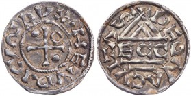 REGENSBURG REICHSMÜNZSTÄTTE
Heinrich II., der Zänker, 2. Regierung, 985-995. Denar o. J. Mzm. ECCO Vs.: HENRICVS DVX, Kreuz, in den Winkeln leer, Pun...