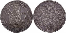 SACHSEN SACHSEN, KURFÜRSTENTUM
August, 1553-1586. Taler 1567 Dresden HB Vs.: geharnischtes Brustbild mit Kurschwert und Streitkolben n. r., i. A. zwe...