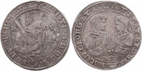 SACHSEN SACHSEN, KURFÜRSTENTUM
Christian II., Johann Georg I. und August, 1591-1611. Taler 1605 HR Dresden Vs.: geharnischtes Hüftbild mit Kurschwert...