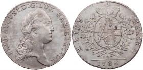 SACHSEN SACHSEN, KURFÜRSTENTUM
Friedrich August III. (I.), 1763-1806-1827. Konv.-Taler 1786 IEC Dresden Vs.: Büste n. r., Rs.: Wappen unter Kurhut in...