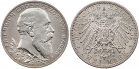 REICHSSILBERMÜNZEN BADEN
Friedrich I., 1852-1907. 2 Mark 1902 (G) Zum 50jährigen Regierungsjubiläum J. 30. vz-St