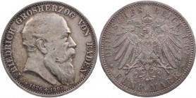 REICHSSILBERMÜNZEN BADEN
Friedrich I., 1852-1907. 5 Mark 1907 (G) Auf den Tod des Großherzogs J. 37. Vs. Kratzer, ss/vz