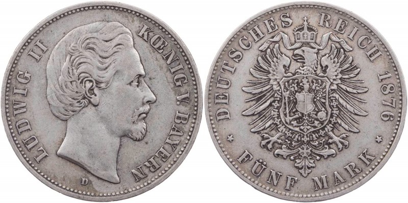 REICHSSILBERMÜNZEN BAYERN
Ludwig II., 1864-1886. 5 Mark 1876 D J. 42. ss