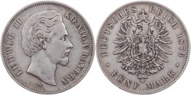 REICHSSILBERMÜNZEN BAYERN
Ludwig II., 1864-1886. 5 Mark 1876 D J. 42. ss