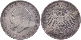 REICHSSILBERMÜNZEN BAYERN
Ludwig III., 1913-1918. 5 Mark 1914 D J. 53. berieben, Vs. min. Kratzer, vz/vz-St
