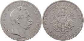 REICHSSILBERMÜNZEN HESSEN
Ludwig III., 1848-1877. 5 Mark 1875 H J. 67. Kratzer, ss
