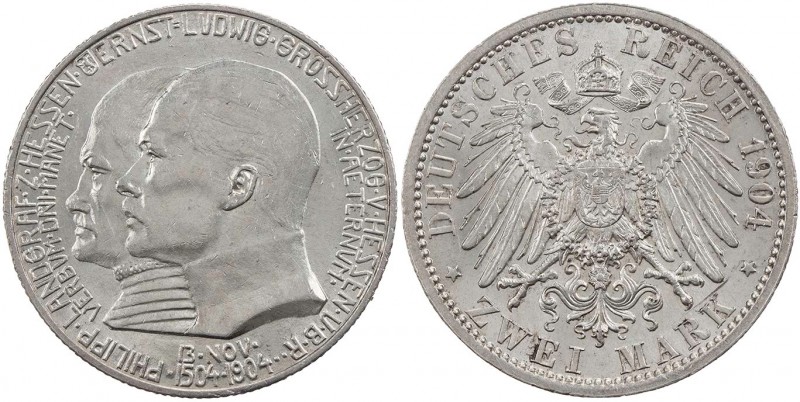 REICHSSILBERMÜNZEN HESSEN
Ernst Ludwig, 1892-1918. 2 Mark 1904 (A) Zum 400. Geb...