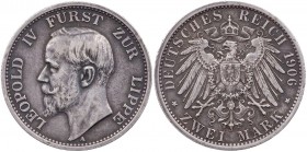 REICHSSILBERMÜNZEN LIPPE
Leopold IV., 1904-1918. 2 Mark 1906 A J. 78. feine Patina, kl. Kratzer, ss-vz/vz