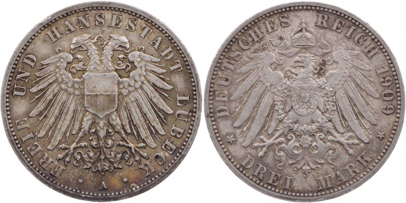 REICHSSILBERMÜNZEN LÜBECK
Freie und Hansestadt. 3 Mark 1909 A J. 82. feine Tönu...