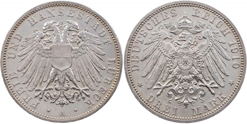 REICHSSILBERMÜNZEN LÜBECK
Freie und Hansestadt. 3 Mark 1910 A J. 82. Vs. Kratze...