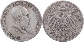 REICHSSILBERMÜNZEN SACHSEN-MEININGEN
Georg II., 1866-1914. 5 Mark 1901 D Zum 75. Geburtstag des Herzogs J. 150. kl. Randfehler, ss