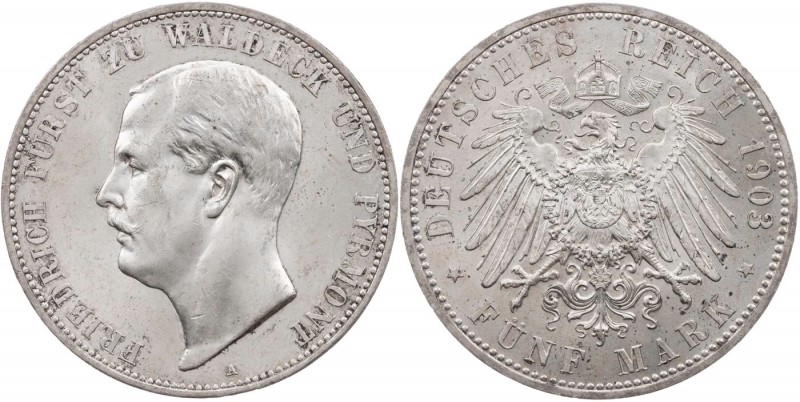 REICHSSILBERMÜNZEN WALDECK-PYRMONT
Friedrich, 1893-1918. 5 Mark 1903 A J. 171. ...