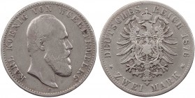 REICHSSILBERMÜNZEN WÜRTTEMBERG
Karl, 1864-1891. 2 Mark 1876 F J. 172. s