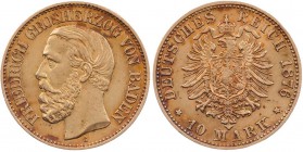 REICHSGOLDMÜNZEN BADEN
Friedrich I., 1852-1907. 10 Mark 1876 G J. 186. 3.96 g. Gold fast vz
