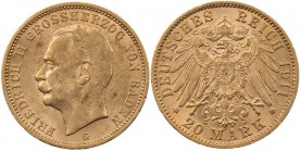 REICHSGOLDMÜNZEN BADEN
Friedrich II., 1907-1918. 20 Mark 1911 G J. 192. 7.94 g. Gold Vs. Kratzer, kl. Randfehler, ss-vz/vz