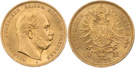 REICHSGOLDMÜNZEN PREUSSEN
Wilhelm I., 1861-1888. 10 Mark 1873 A J. 242. 3.94 g. Gold min. Randfehler, St