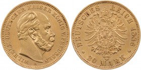 REICHSGOLDMÜNZEN PREUSSEN
Wilhelm I., 1861-1888. 20 Mark 1886 A J. 246. 7.95 g. Gold kl. Randfehler, Kratzer, sonst vz