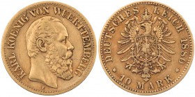 REICHSGOLDMÜNZEN WÜRTTEMBERG
Karl, 1864-1891. 10 Mark 1880 F J. 292. 3.94 g. Gold ss