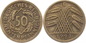 WEIMARER REPUBLIK
 50 Rentenpfennig 1923 D J. 310. min. Randfehler, vz