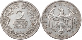 WEIMARER REPUBLIK
 2 Reichsmark 1927 F Kursmünze J. 320. Vs. min. Kratzer, fast vz