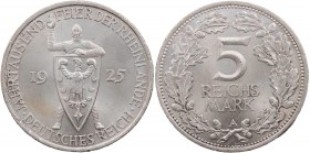 WEIMARER REPUBLIK
 5 Reichsmark 1925 A Zur Jahrtausendfeier der Rheinlande J. 322. kl. Randfehler, vz