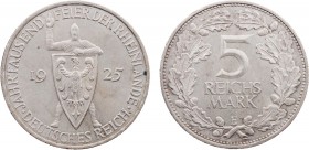 WEIMARER REPUBLIK
 5 Reichsmark 1925 E Zur Jahrtausendfeier der Rheinlande J. 322. min. Randfehler, vz