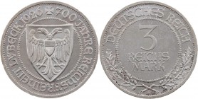 WEIMARER REPUBLIK
 3 Reichsmark 1926 A 700 Jahre Reichsfreiheit Lübeck J. 323. kl. Kratzer, sonst vz