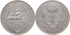 WEIMARER REPUBLIK
 5 Reichsmark 1927 A 100 Jahre Bremerhaven J. 326. kl. Kratzer, sonst vz-St