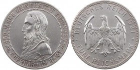 WEIMARER REPUBLIK
 5 Reichsmark 1927 F 450 Jahre Universität Tübingen J. 329. leicht berieben, min. Kratzer, vz