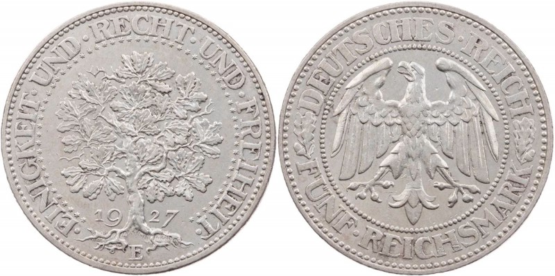 WEIMARER REPUBLIK
 5 Reichsmark 1927 E Kursmünze ("Eichbaum") J. 331. Vs. dünne...