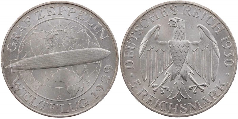 WEIMARER REPUBLIK
 5 Reichsmark 1930 A Zum Weltflug des "Graf Zeppelin" J. 343....